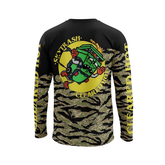 Black long-sleeve shirt with yellow and green graphic design on a white background
