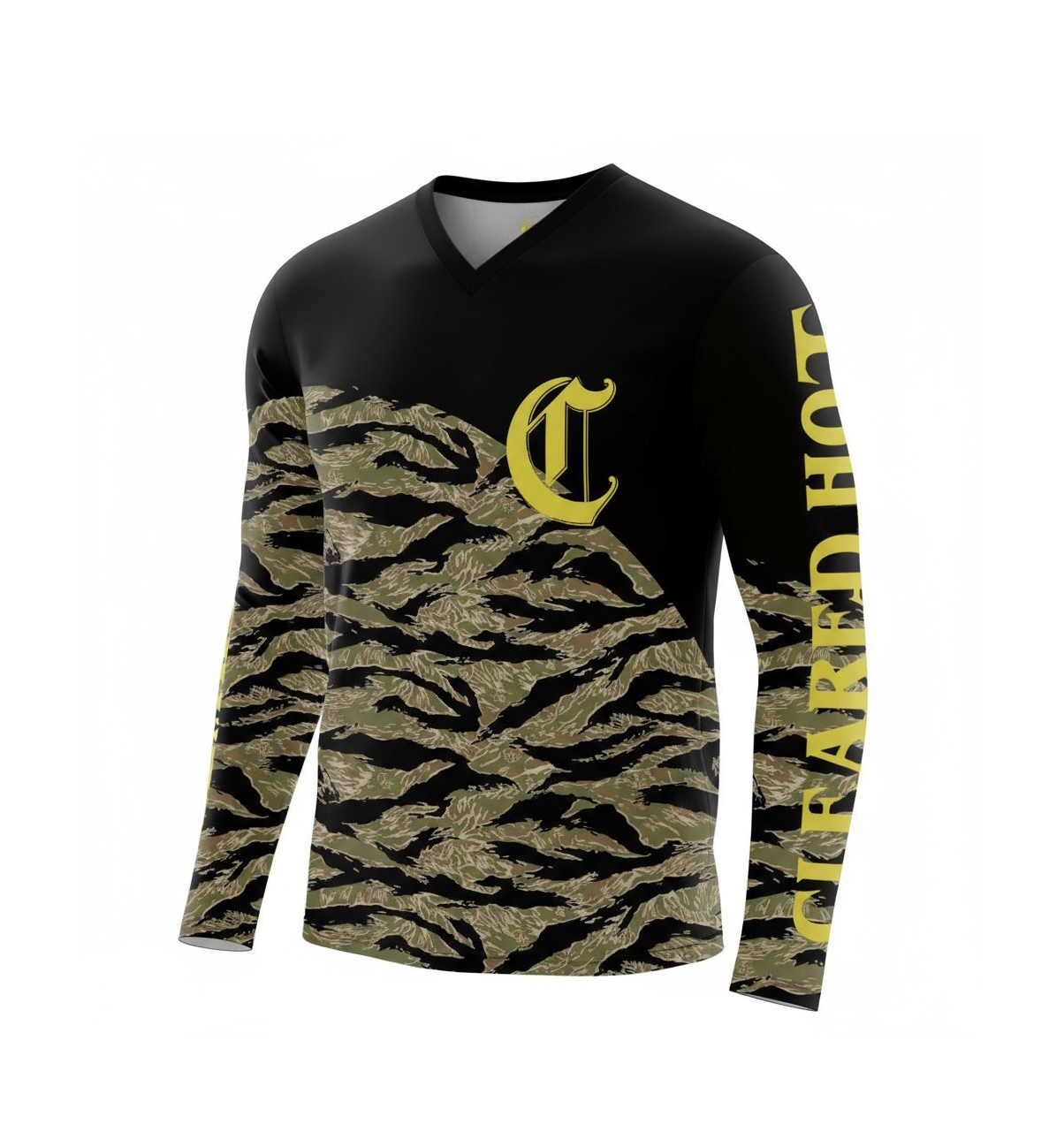 Black long-sleeve shirt with camouflage pattern and yellow text on a white background