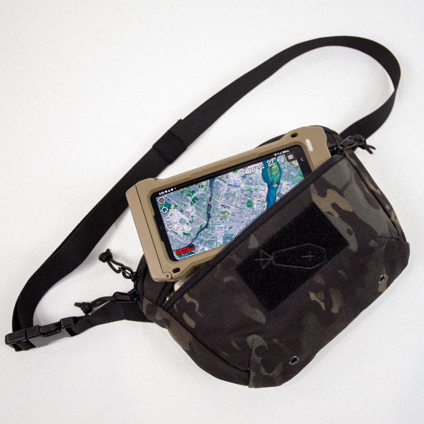 Camouflage-patterned pouch with a screen displaying a map on a white background