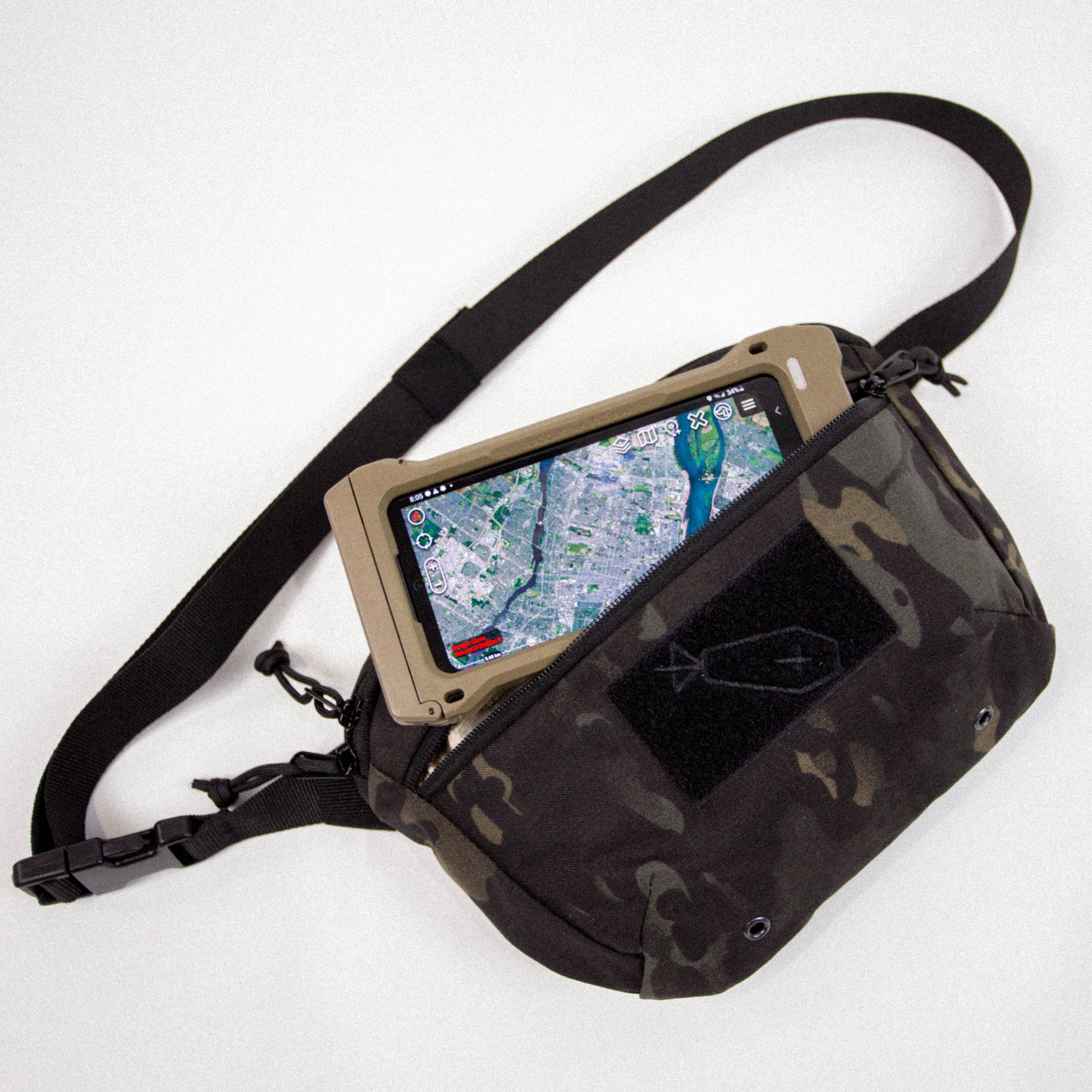 Camouflage-patterned pouch with a screen displaying a map on a white background