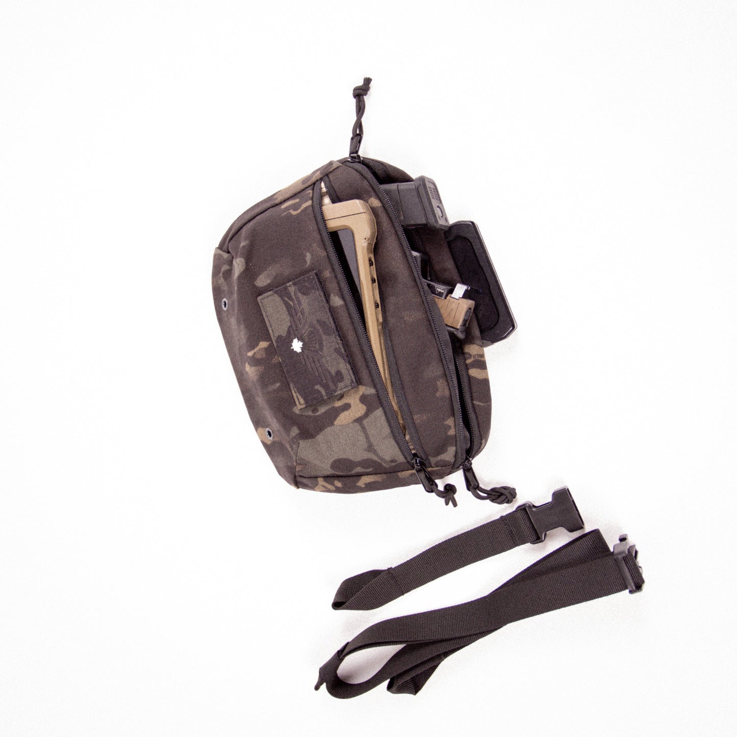 Camouflage tactical pouch with straps on a white background