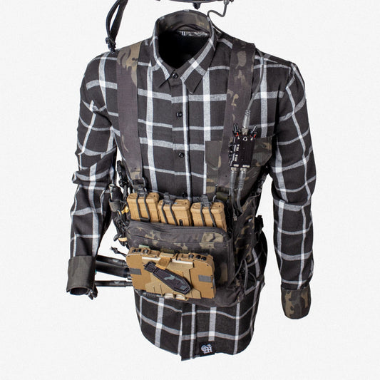 Plaid shirt with tactical vest and helmet on a white background