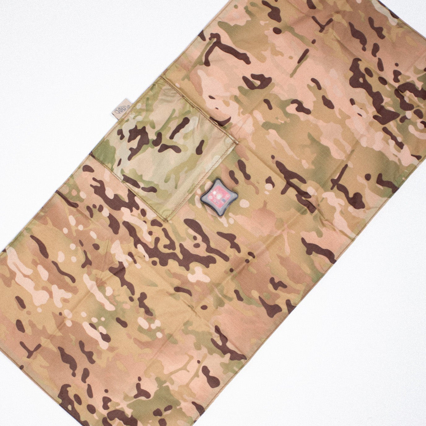 Camouflage-patterned blanket with a brand logo on a white background