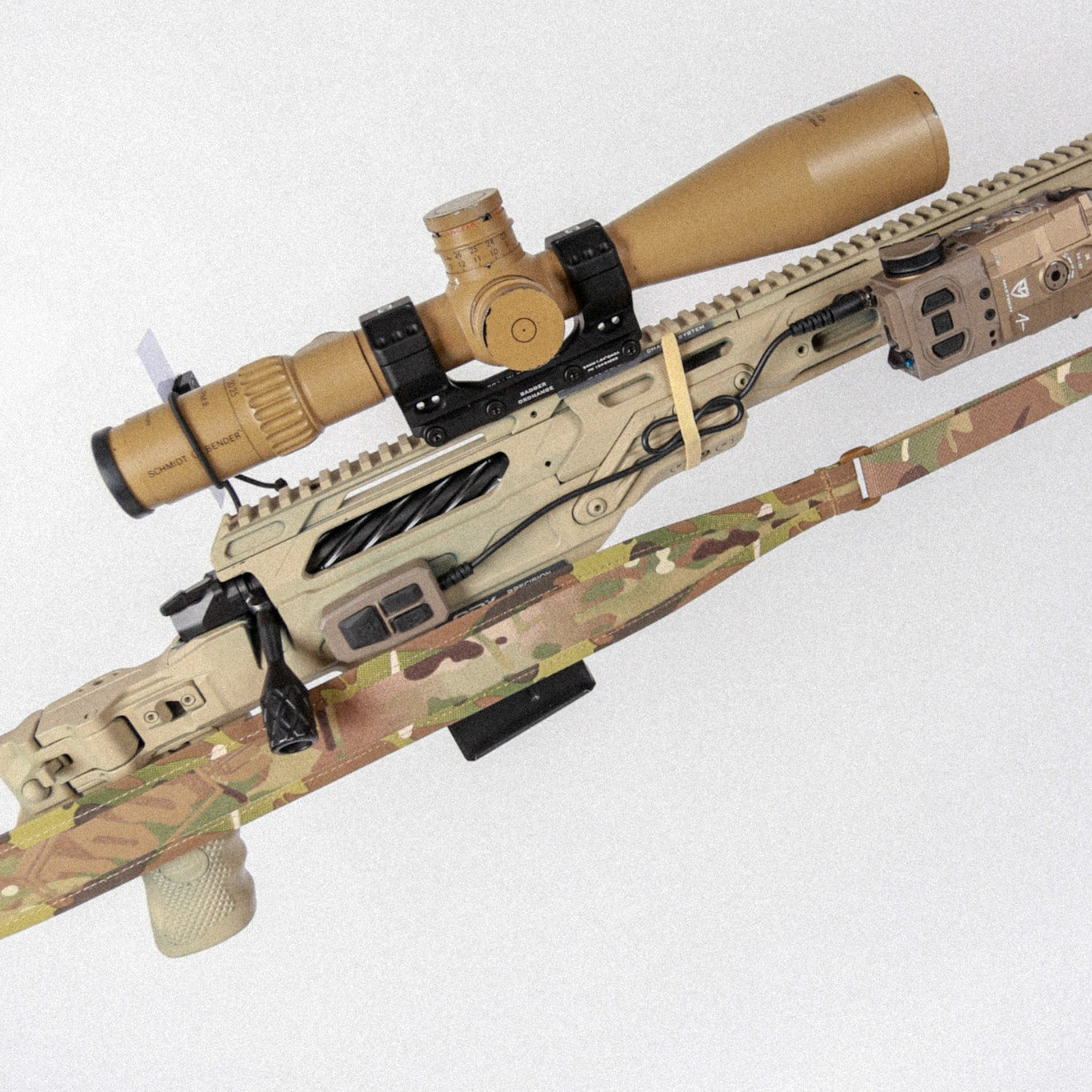 Camouflage rifle with scope on a white background