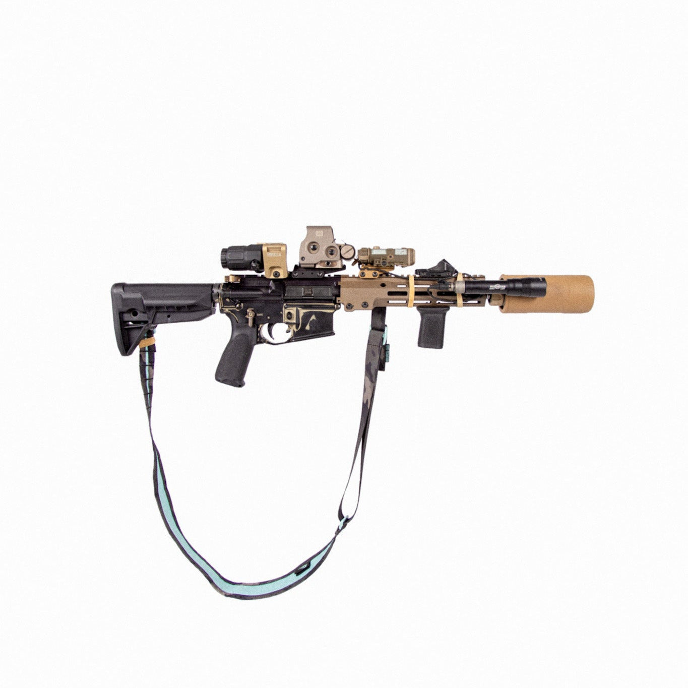 Decorative rifle with gold accents on a white background