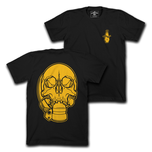 SKULLY FRAG  - YELLOW ON BLK TEE