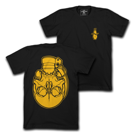 SKULLY FRAG  - YELLOW ON BLK TEE